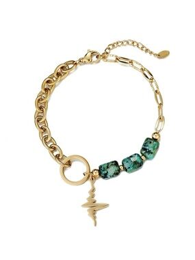 Gold Tone Bracelet with Green Turquoise Beads and Charm